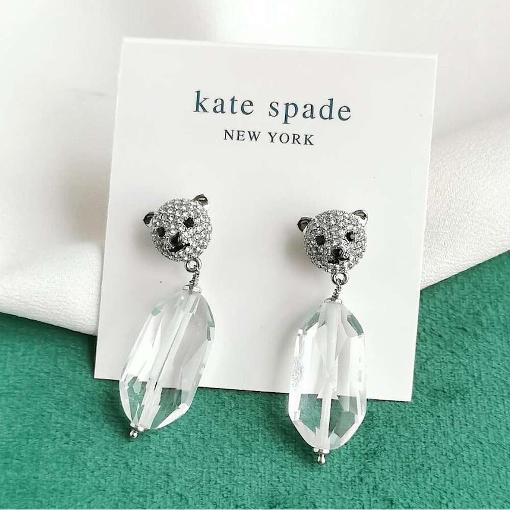 Kate Spade Arctic Friends Polar Bear Silver Plated Glass Stone Drop Earrings NWT